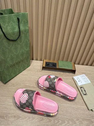 Gucci Screener Pink Multicolor Platform Sole GG Monogram Canvas Slippers 2