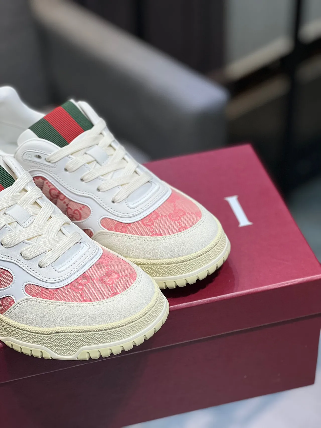 Gucci Screener-Style Monogram Canvas White Pink Web Stripe Lifestyle Sneakers 3