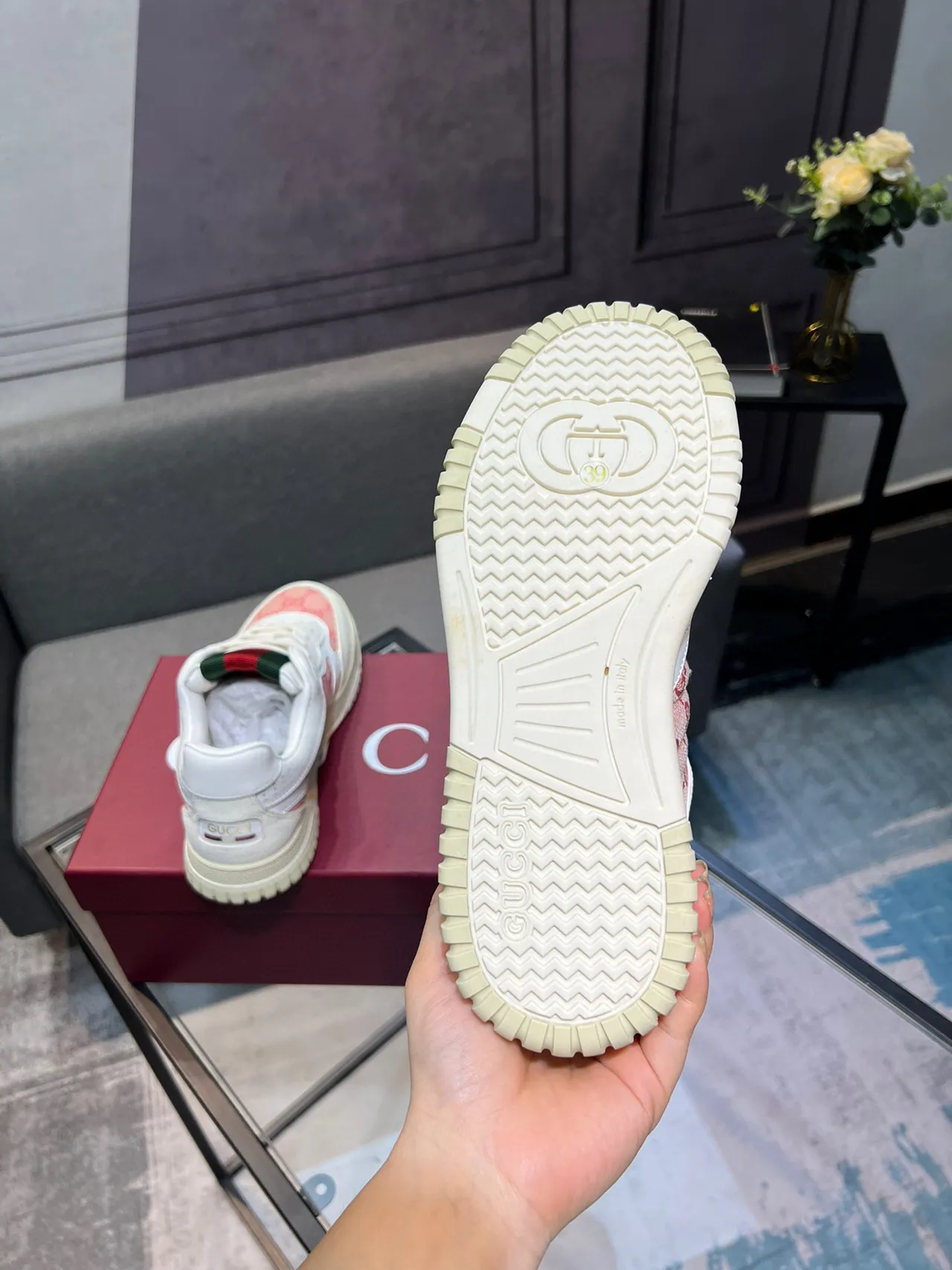 Gucci Screener-Style Monogram Canvas White Pink Web Stripe Lifestyle Sneakers 5