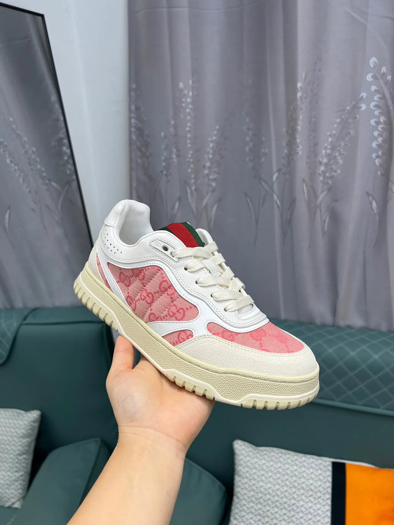 Gucci Screener-Style Monogram Canvas White Pink Web Stripe Lifestyle Sneakers 6
