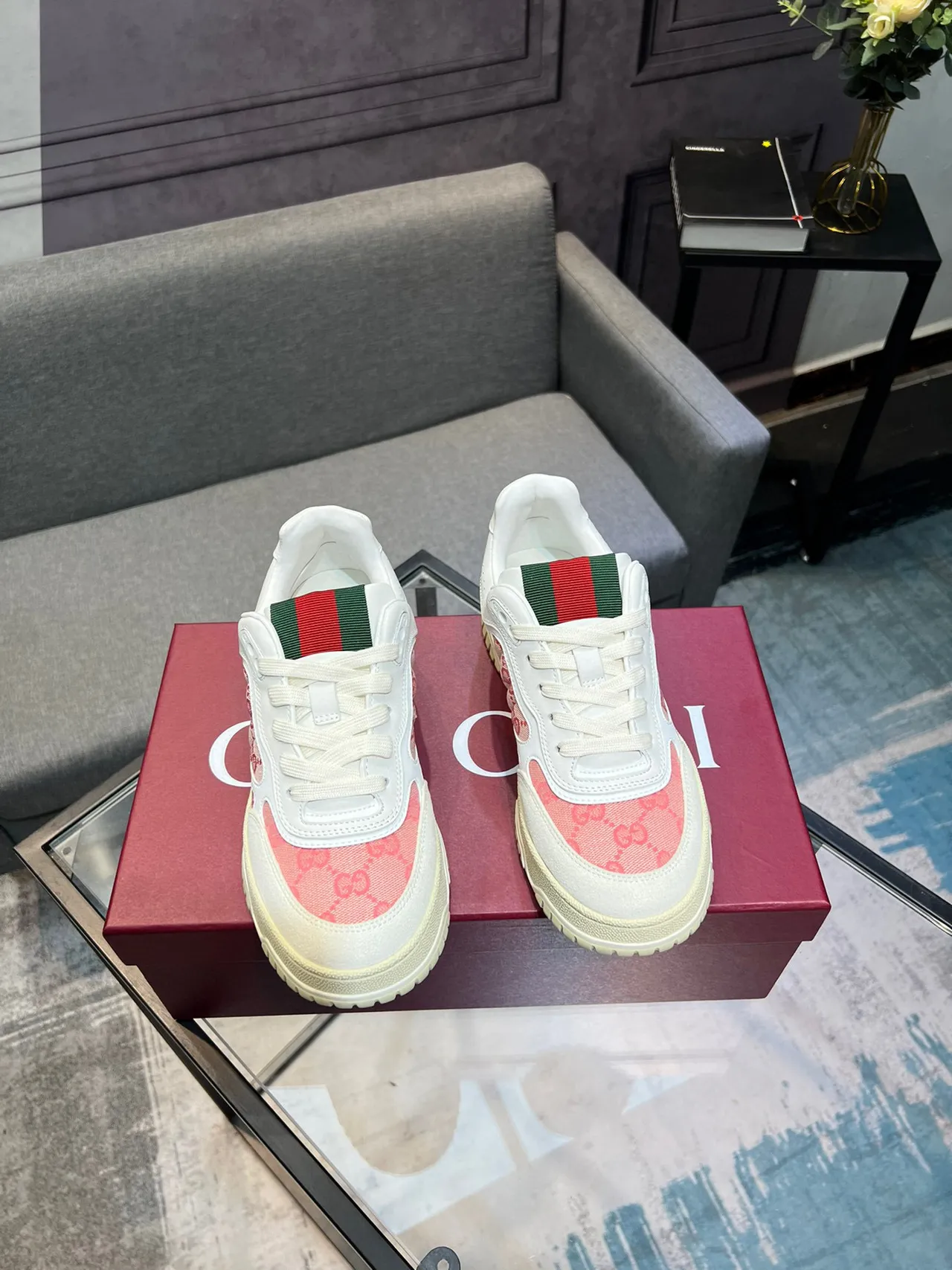 Gucci Screener-Style Monogram Canvas White Pink Web Stripe Lifestyle Sneakers 7