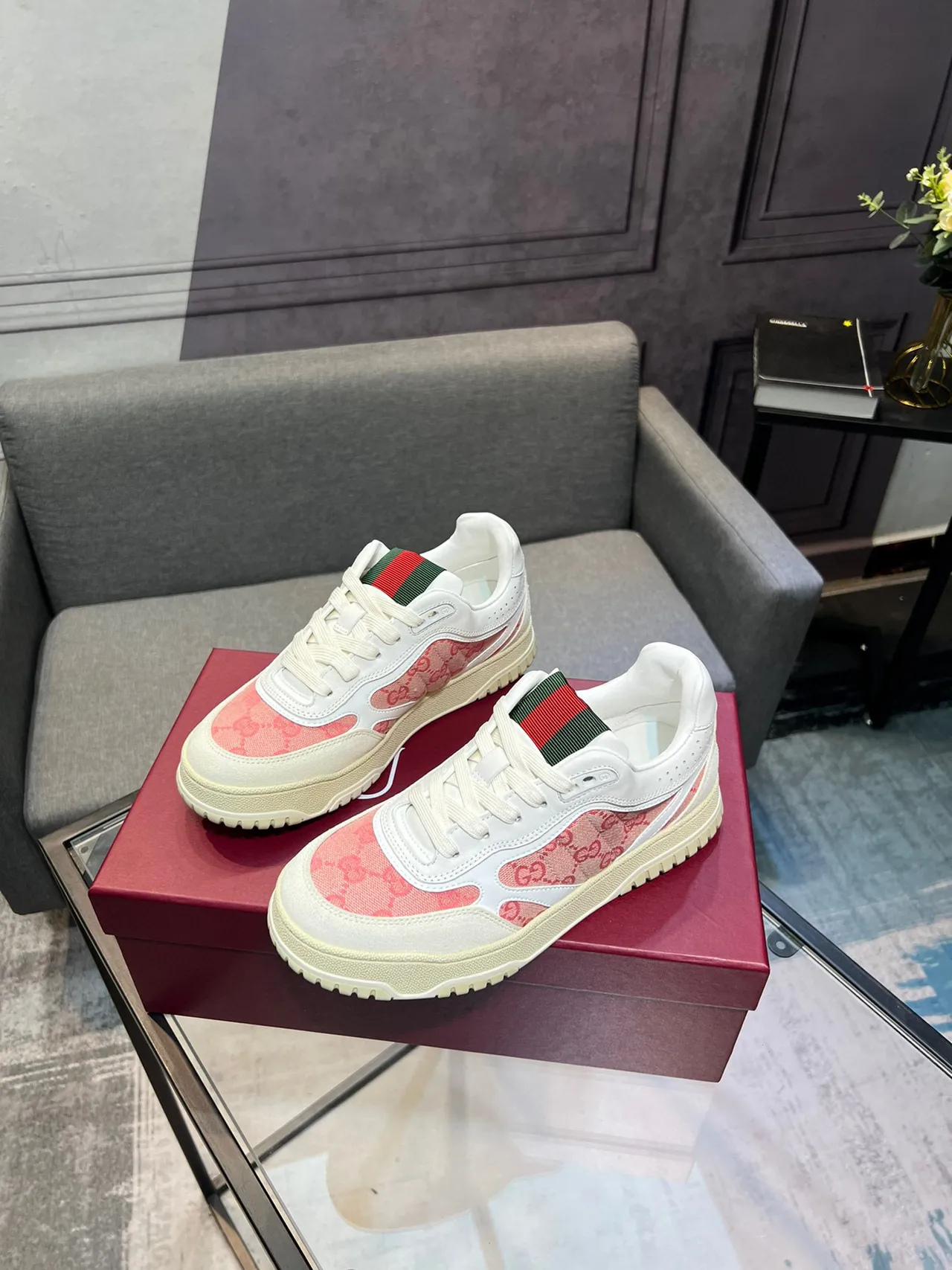 Gucci Screener-Style Monogram Canvas White Pink Web Stripe Lifestyle Sneakers 8