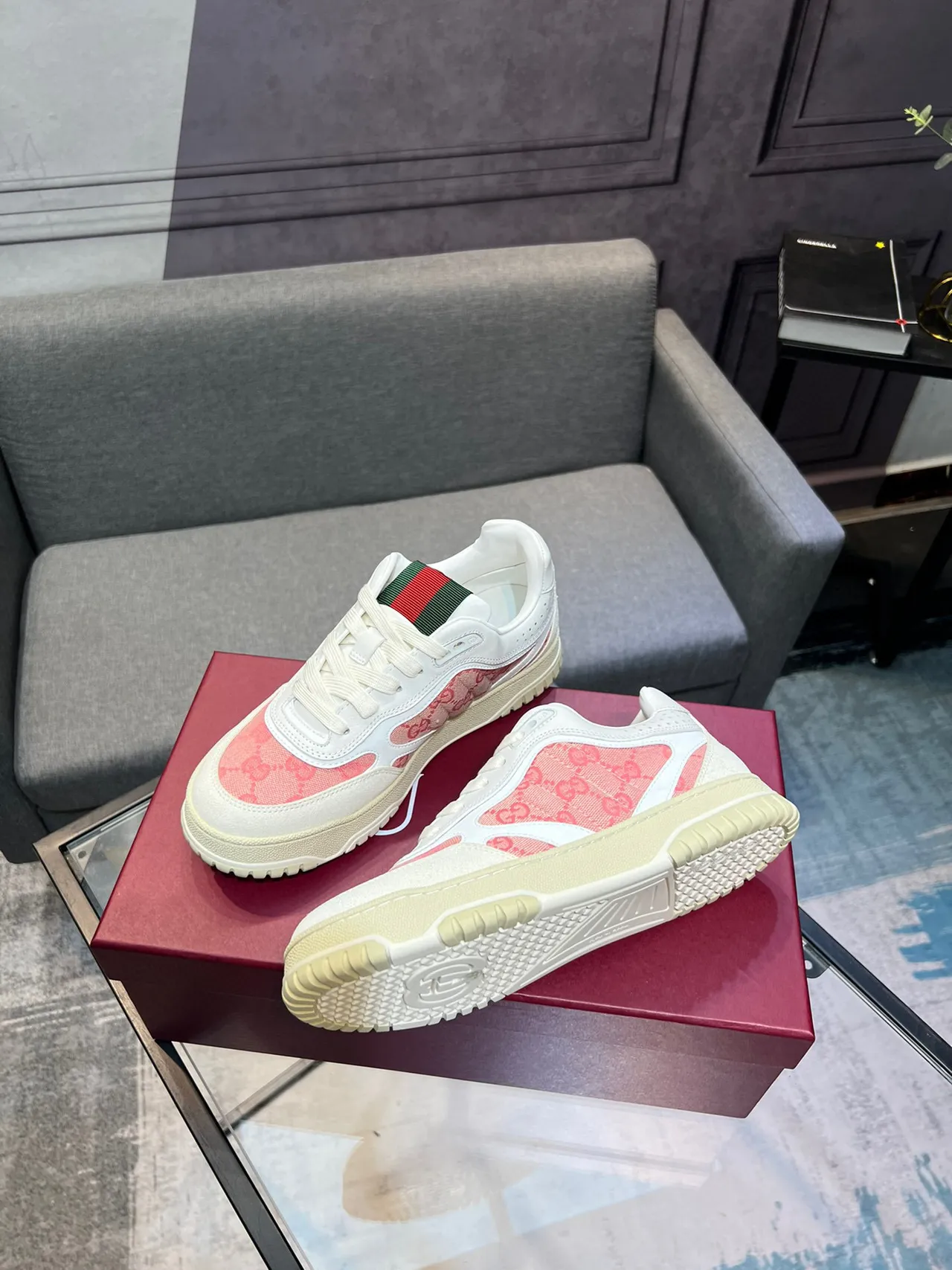 Gucci Screener-Style Monogram Canvas White Pink Web Stripe Lifestyle Sneakers 9