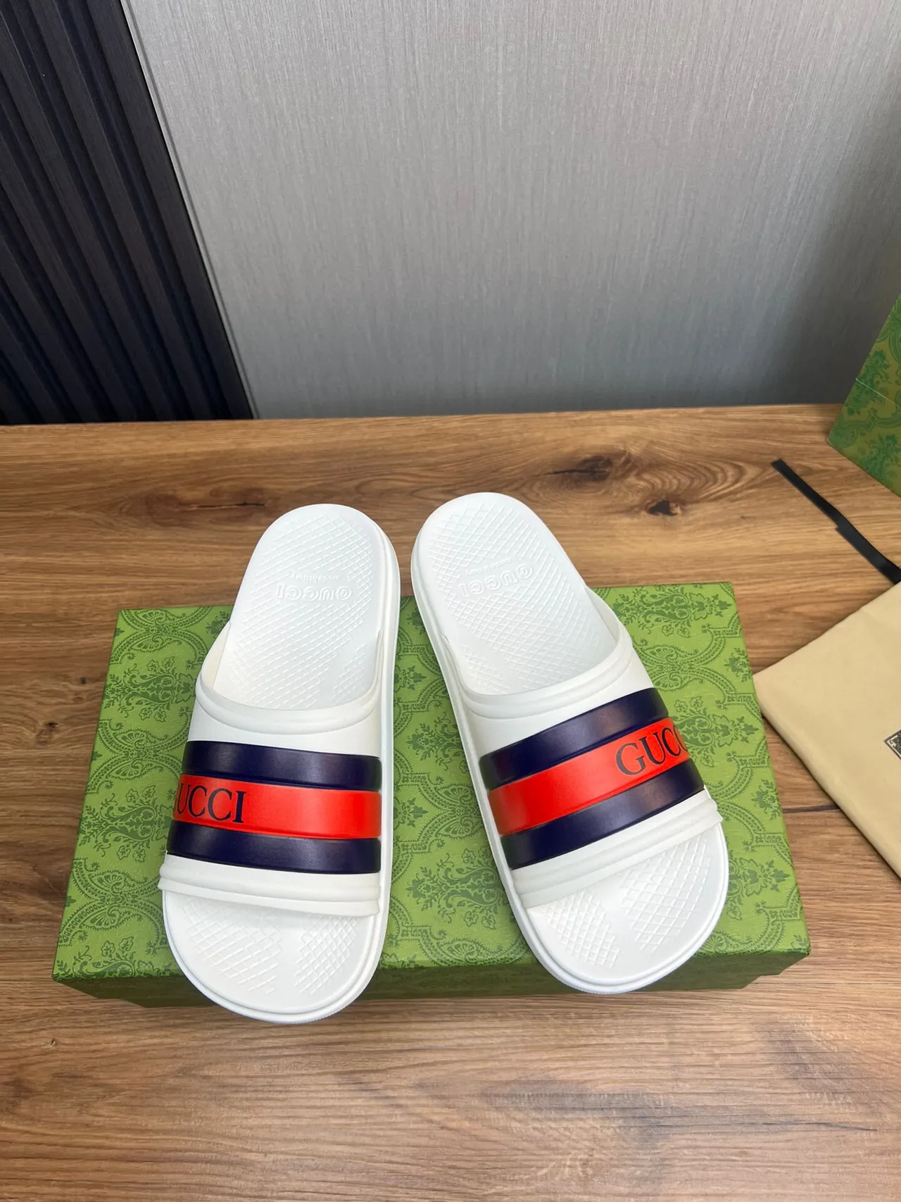 Gucci Screener White and Red Navy Web Stripe Slippers 2