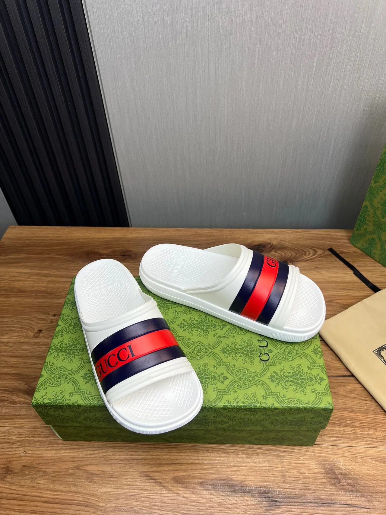 Gucci Screener White and Red Navy Web Stripe Slippers 3
