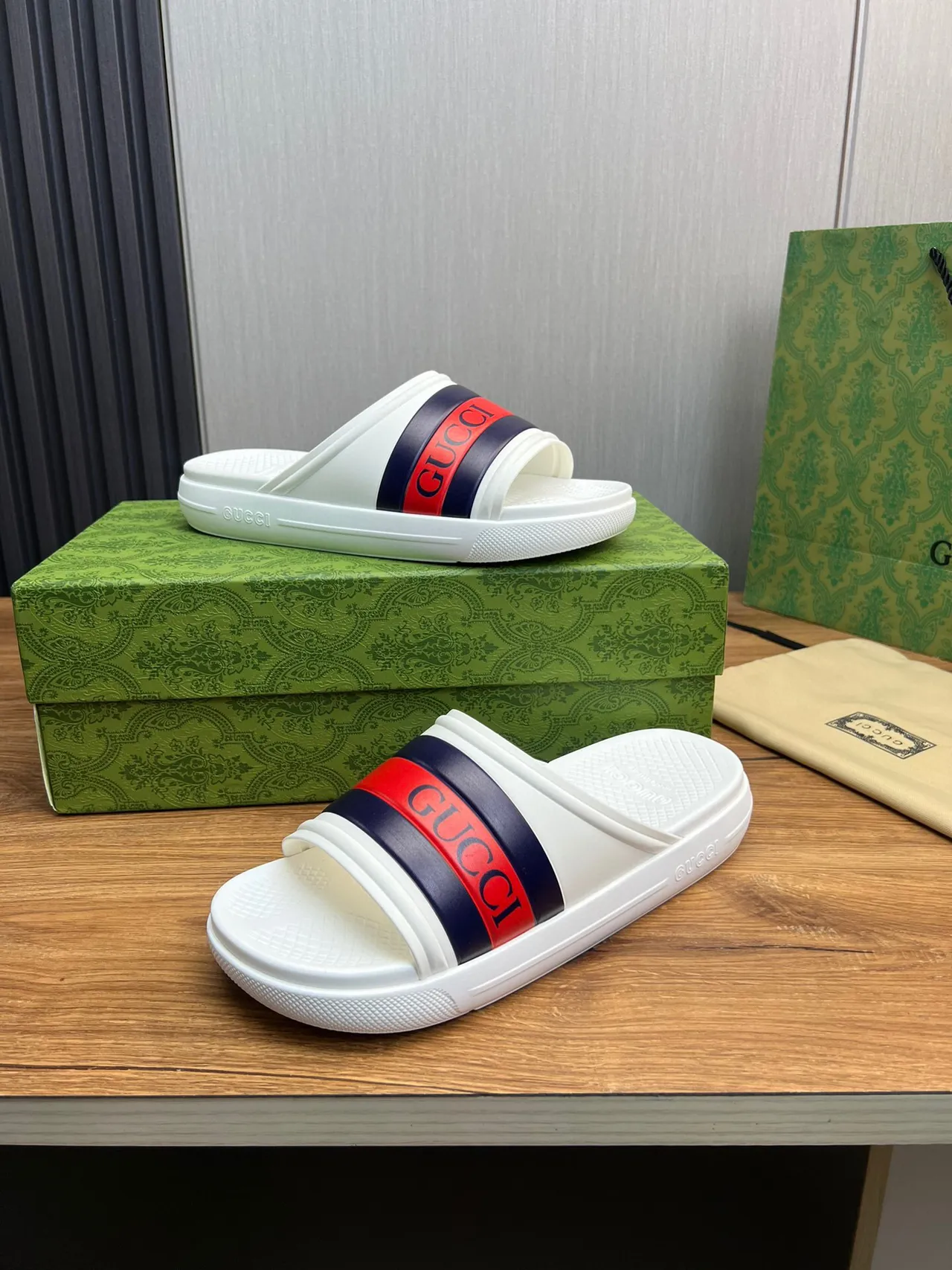 Gucci Screener White and Red Navy Web Stripe Slippers 4