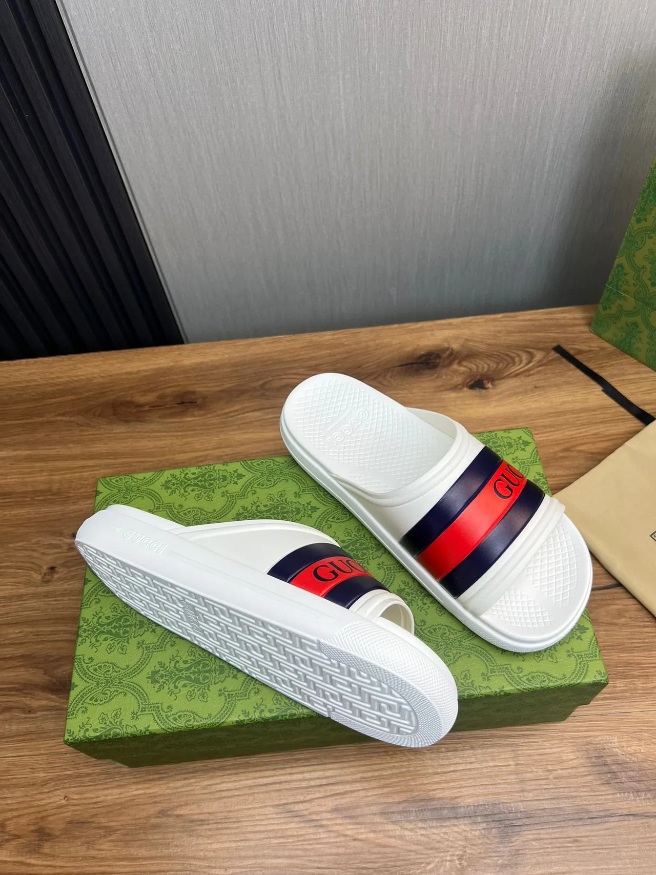 Gucci Screener White and Red Navy Web Stripe Slippers 5
