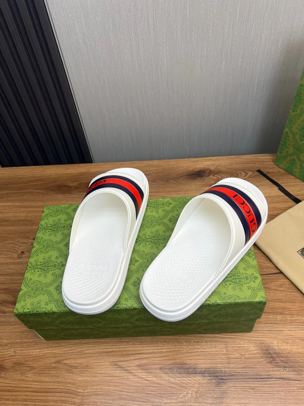 Gucci Screener White and Red Navy Web Stripe Slippers 6
