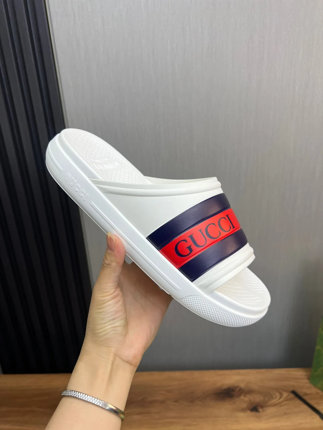 Gucci Screener White and Red Navy Web Stripe Slippers 7