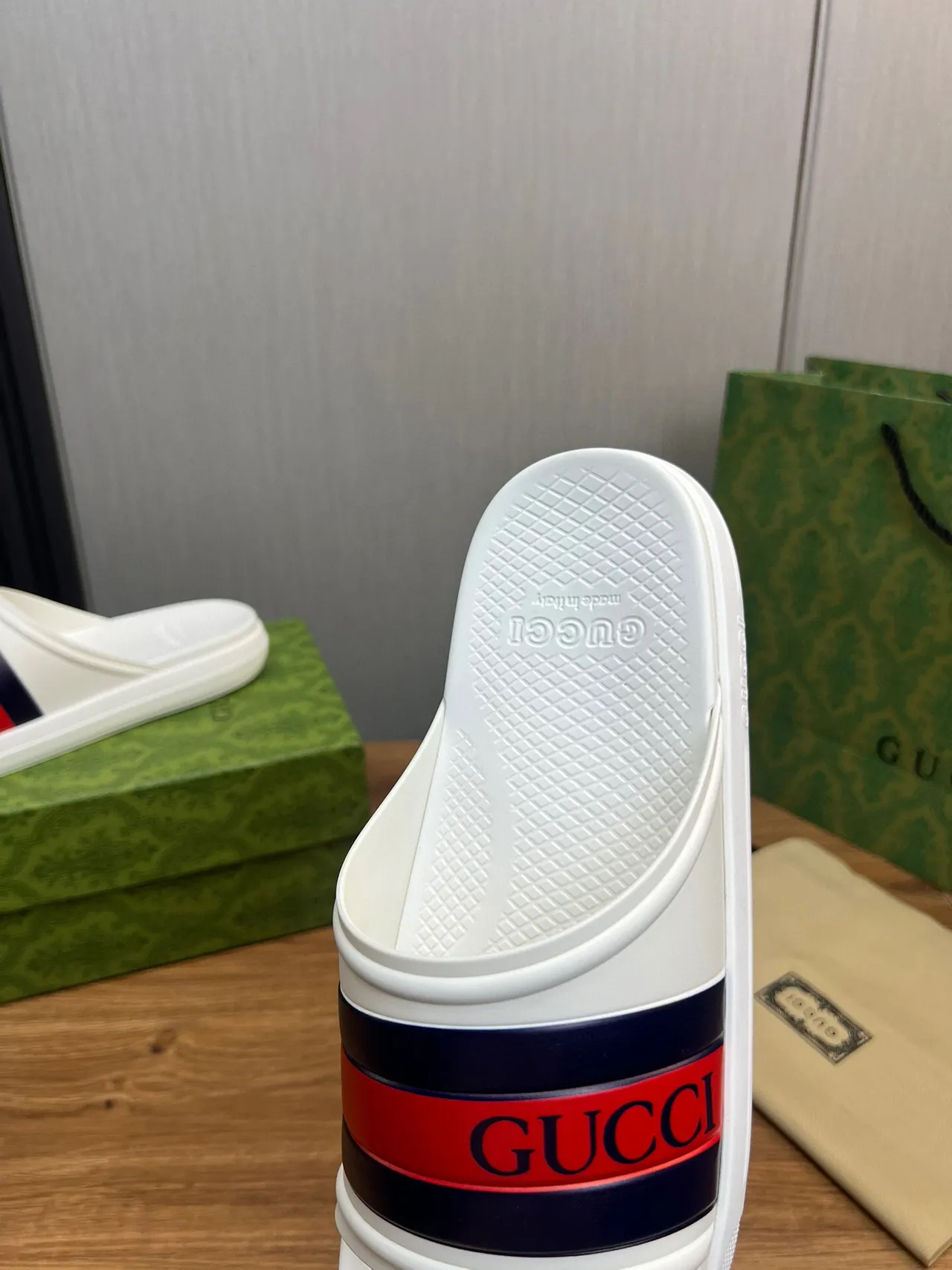 Gucci Screener White and Red Navy Web Stripe Slippers 8