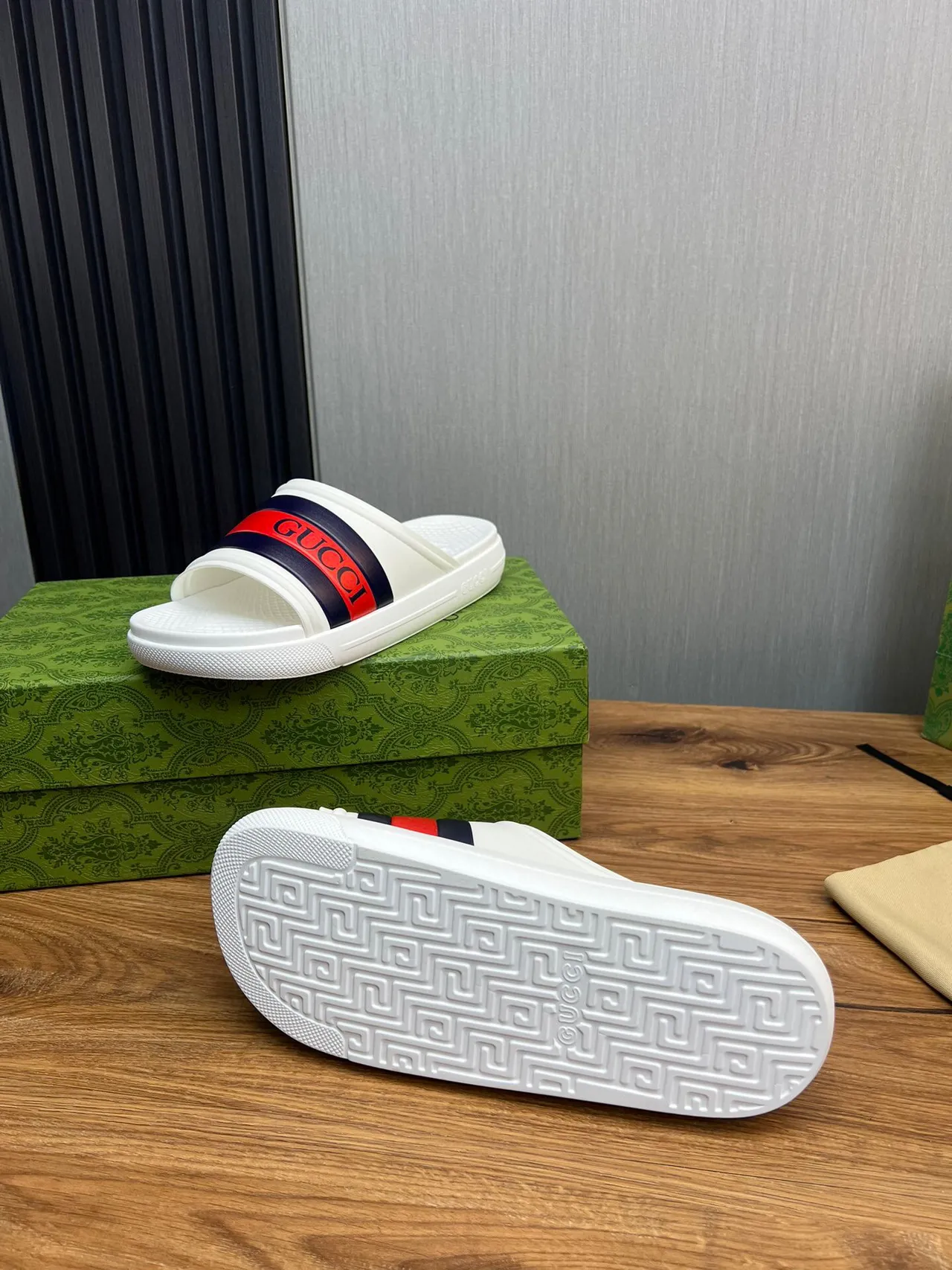 Gucci Screener White and Red Navy Web Stripe Slippers 9