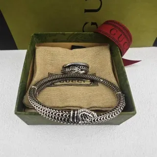Gucci Serpent Silver Green Snake-Link Chain Sculpted Heads Bracelet