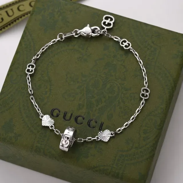 Gucci Silver Black Chain-Link Engraved Disc Bracelet 7