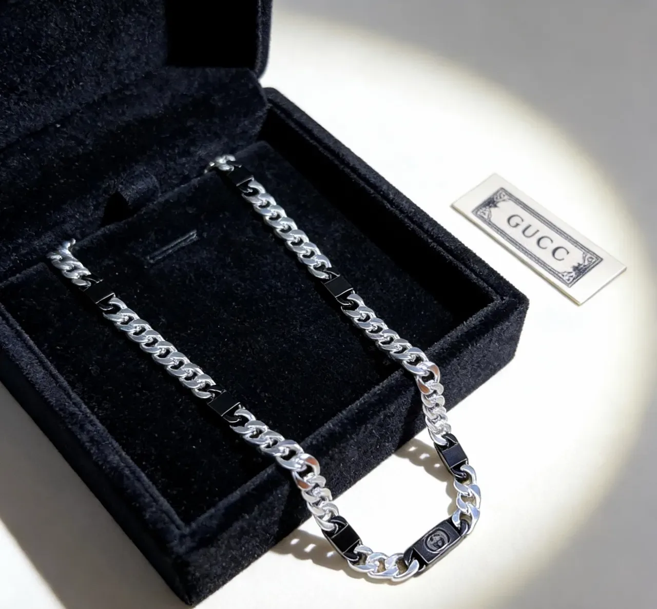 Gucci Silver Black Curb-Link Chain Enamel Accents Necklace 3