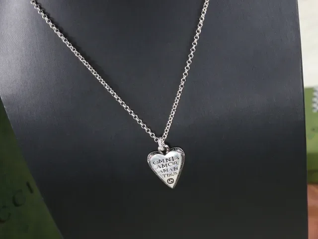 Gucci Silver Black Heart-Shaped Locket Engraved Latin Phrase Necklace 2