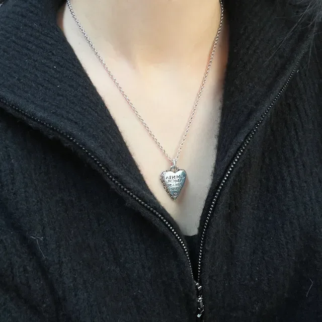 Gucci Silver Black Heart-Shaped Locket Engraved Latin Phrase Necklace 5