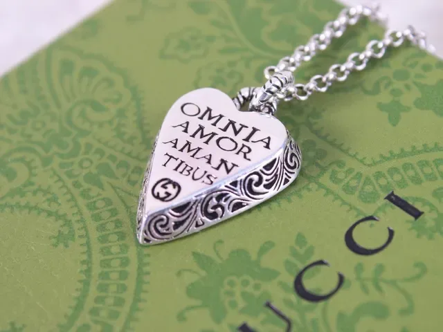 Gucci Silver Black Heart-Shaped Locket Engraved Latin Phrase Necklace 8