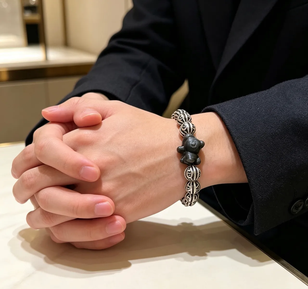 Gucci Silver Black Interlocking G-Engraved Beads Sculpted Bear Charm Bracelet 2