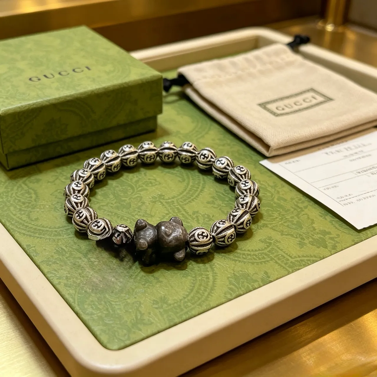 Gucci Silver Black Interlocking G-Engraved Beads Sculpted Bear Charm Bracelet 3