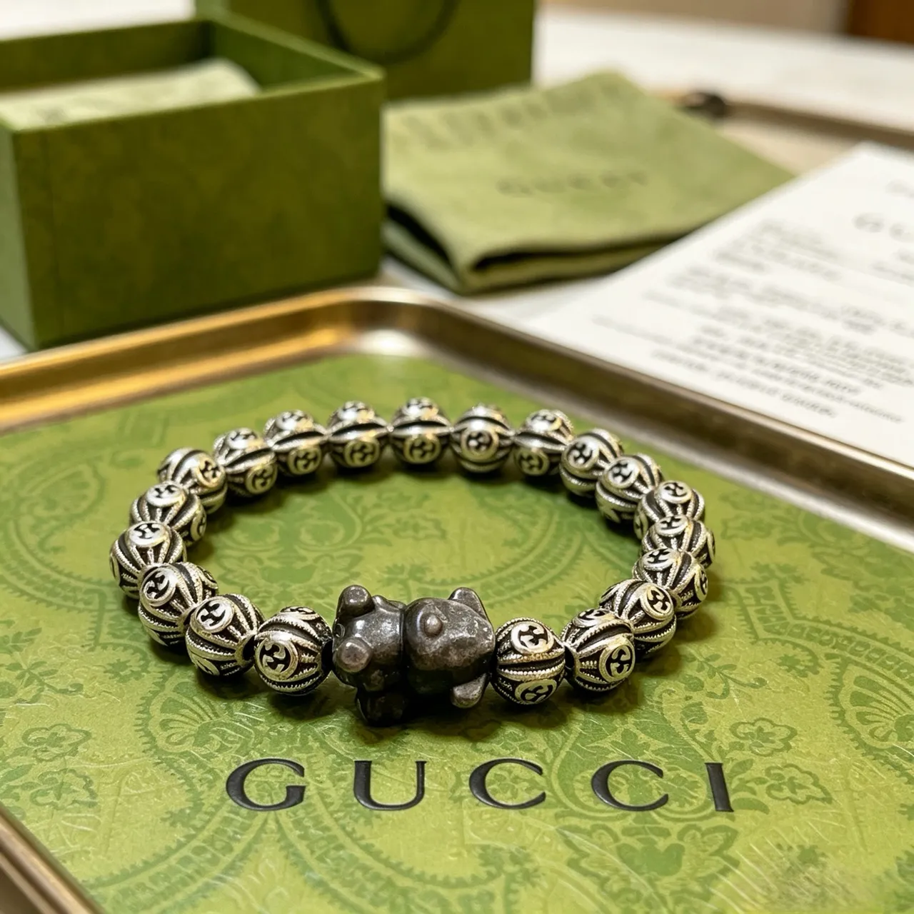 Gucci Silver Black Interlocking G-Engraved Beads Sculpted Bear Charm Bracelet 4