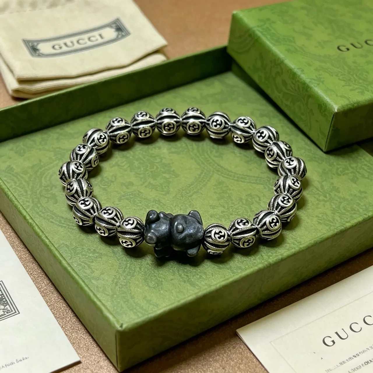 Gucci Silver Black Interlocking G-Engraved Beads Sculpted Bear Charm Bracelet 6