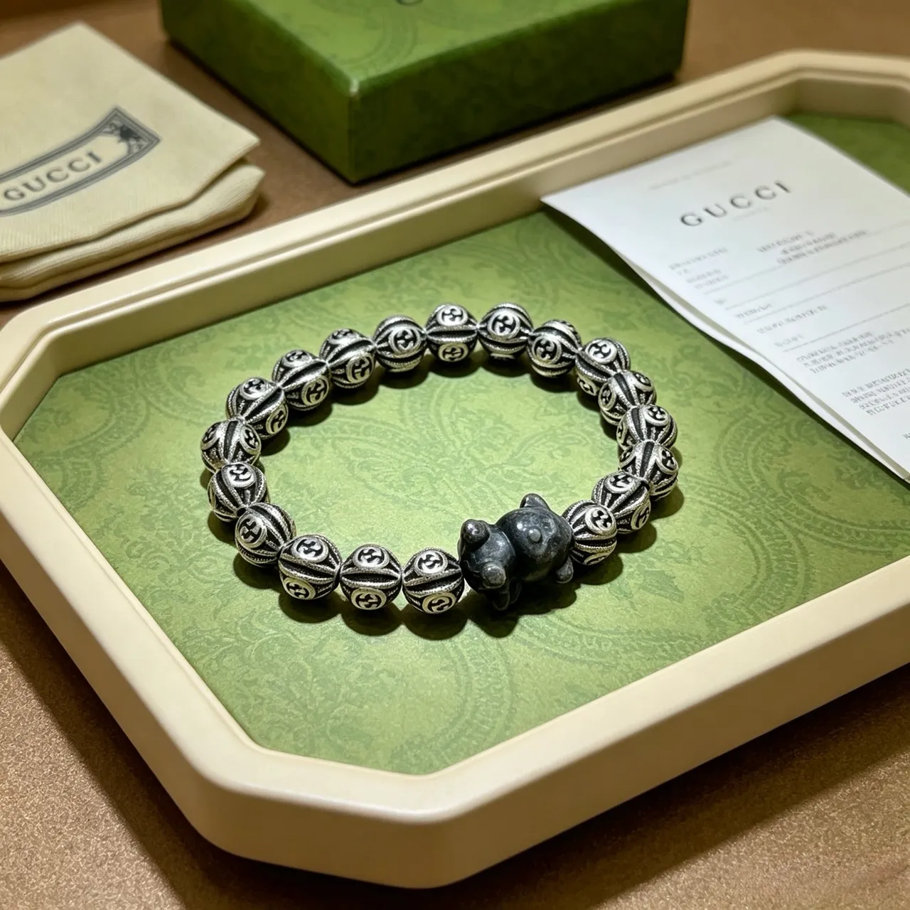 Gucci Silver Black Interlocking G-Engraved Beads Sculpted Bear Charm Bracelet 8