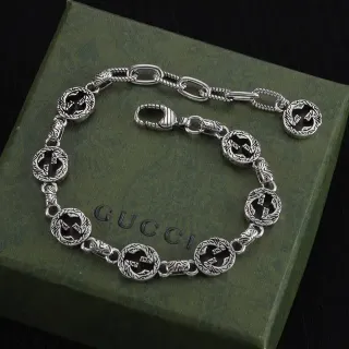 Gucci Silver Black Interlocking G Motif Oxidized Finish Bracelet