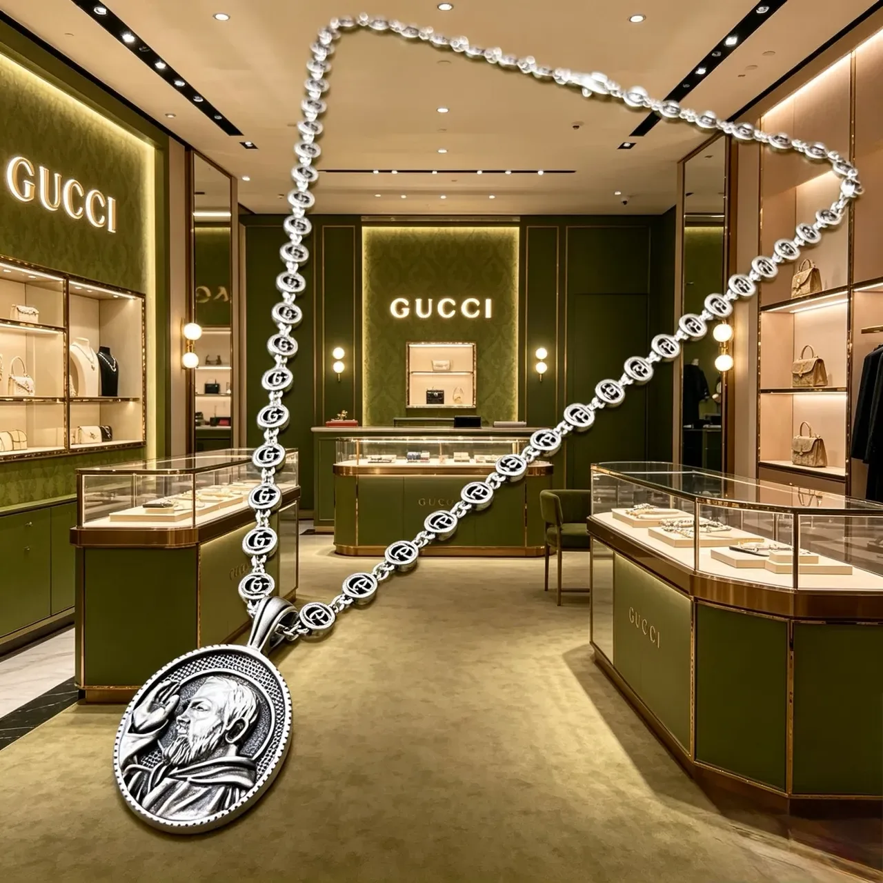 Gucci Silver Interlocking G-Link Chain Oval Engraved Medallion Pendant Necklace 4