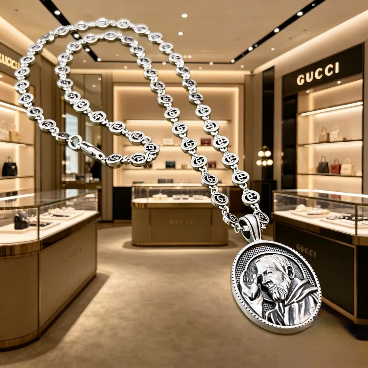 Gucci Silver Interlocking G-Link Chain Oval Engraved Medallion Pendant Necklace 6