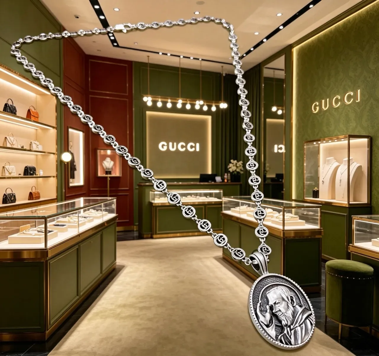 Gucci Silver Interlocking G-Link Chain Oval Engraved Medallion Pendant Necklace 7