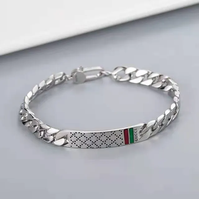 Gucci Silver Red Chain-Link Construction Perforated Diamond-Pattern Plate Bracelet 4