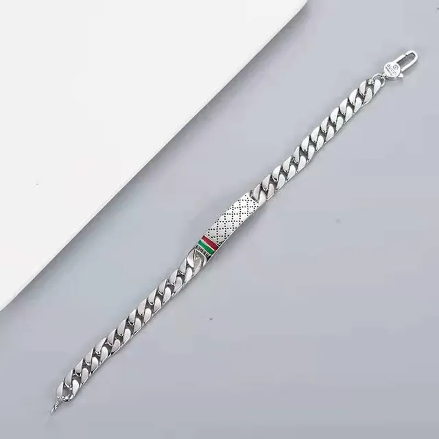 Gucci Silver Red Chain-Link Construction Perforated Diamond-Pattern Plate Bracelet 5