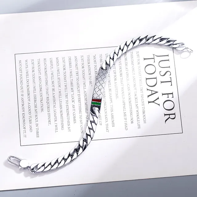 Gucci Silver Red Chain-Link Construction Perforated Diamond-Pattern Plate Bracelet 7