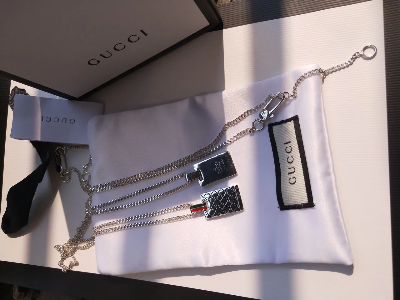Gucci Silver Red Rectangular Perforated Pendant Enamel Web Stripe Bail Necklace 4