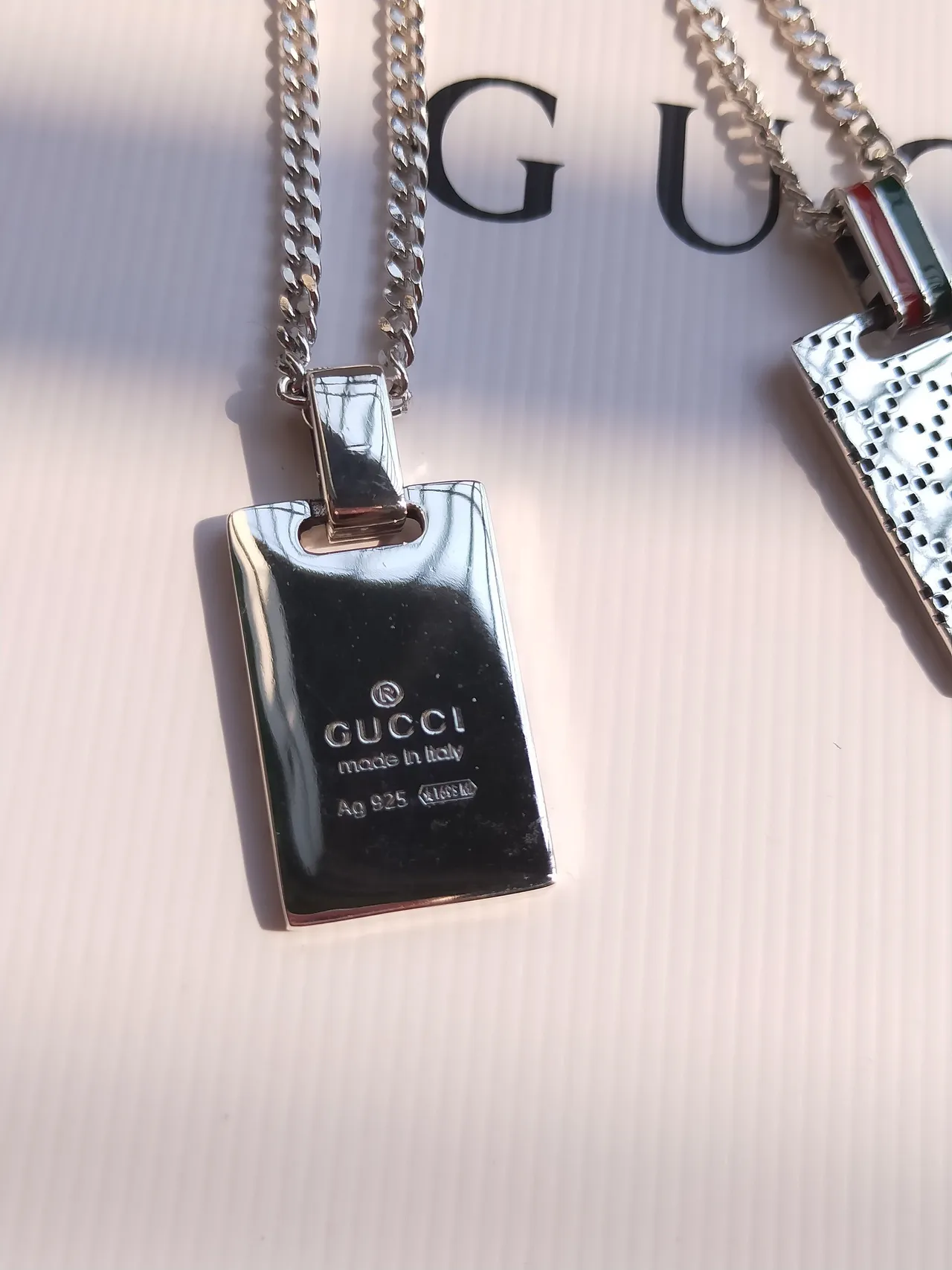 Gucci Silver Red Rectangular Perforated Pendant Enamel Web Stripe Bail Necklace 5