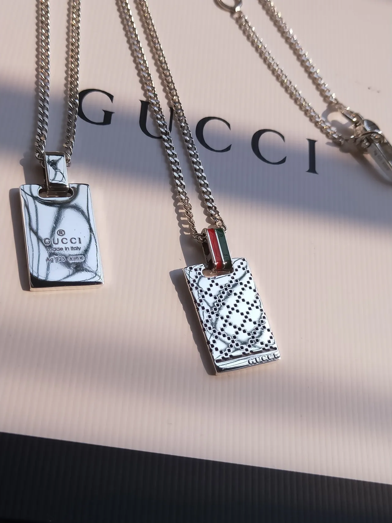 Gucci Silver Red Rectangular Perforated Pendant Enamel Web Stripe Bail Necklace 8