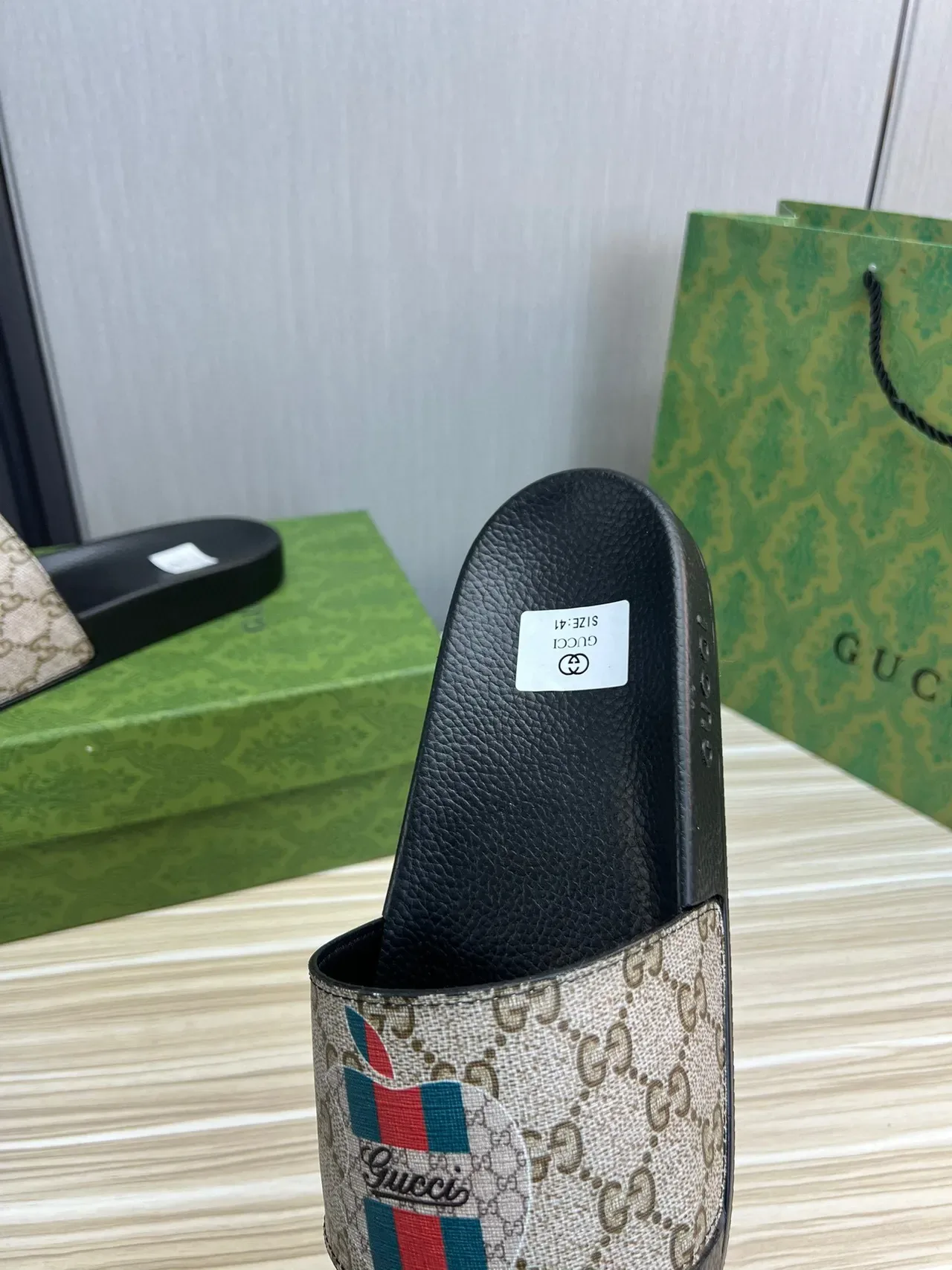 Gucci Slide Beige and Black GG Monogram Strap Slippers 3