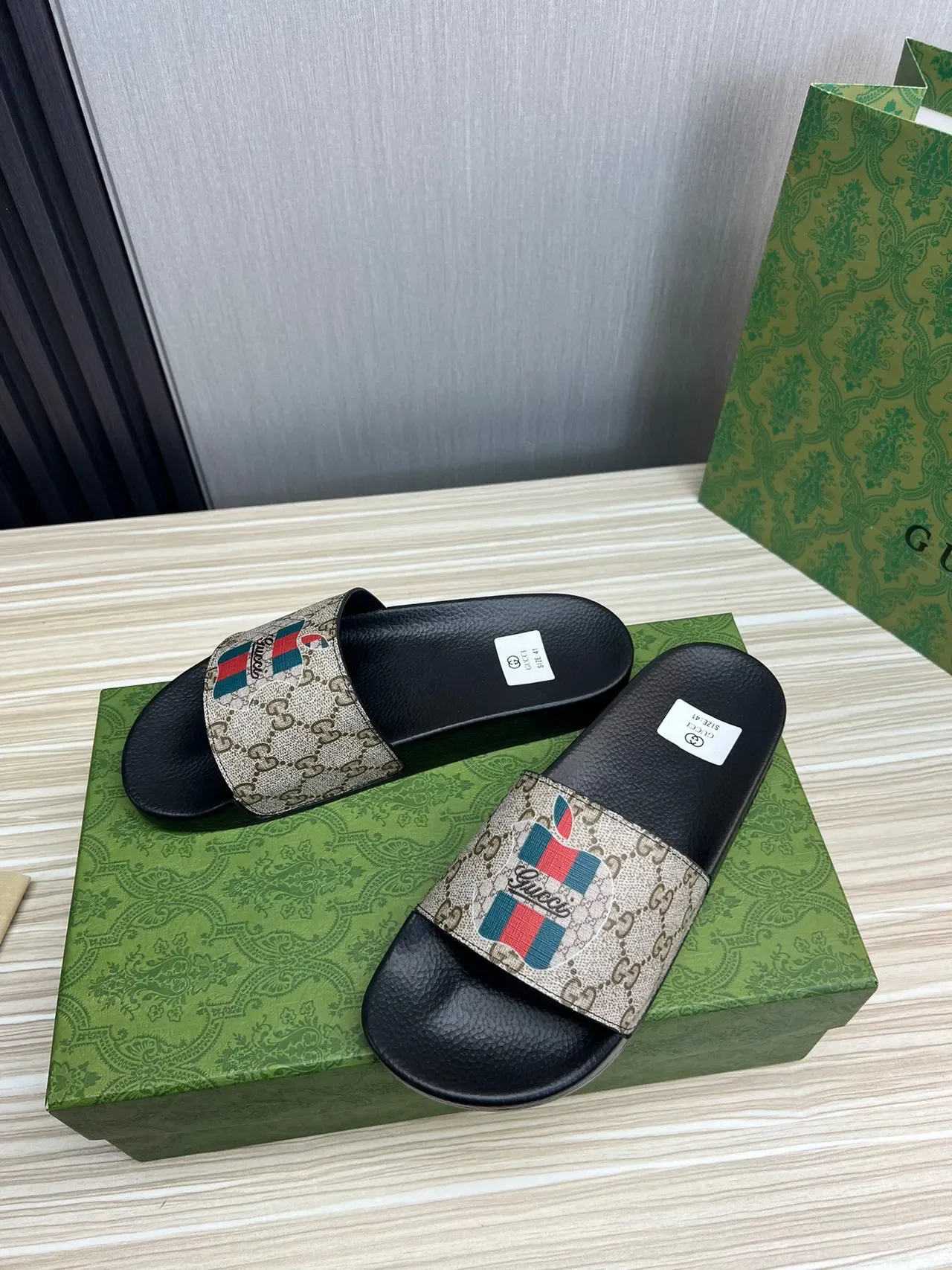 Gucci Slide Beige and Black GG Monogram Strap Slippers 4