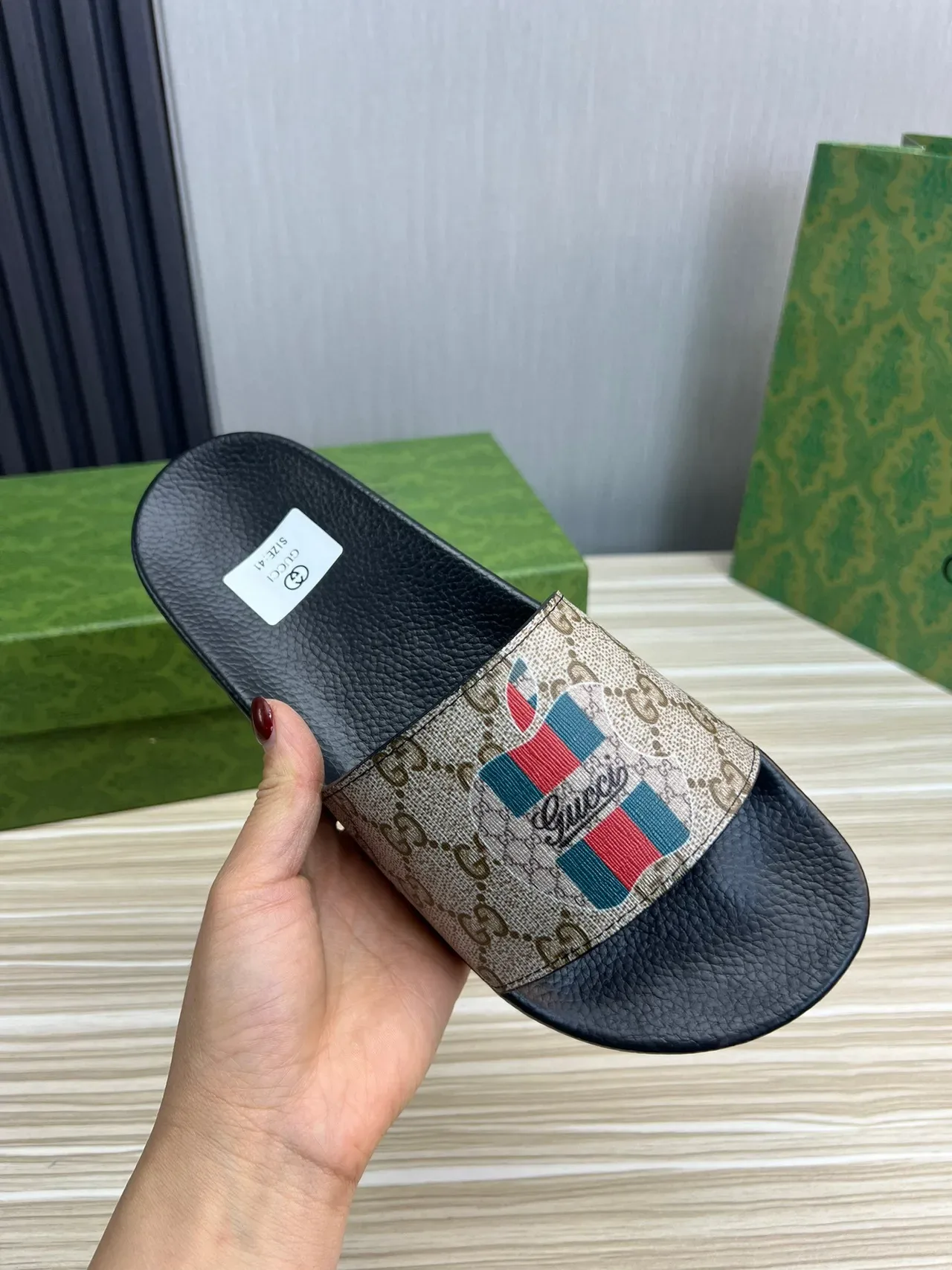 Gucci Slide Beige and Black GG Monogram Strap Slippers 5