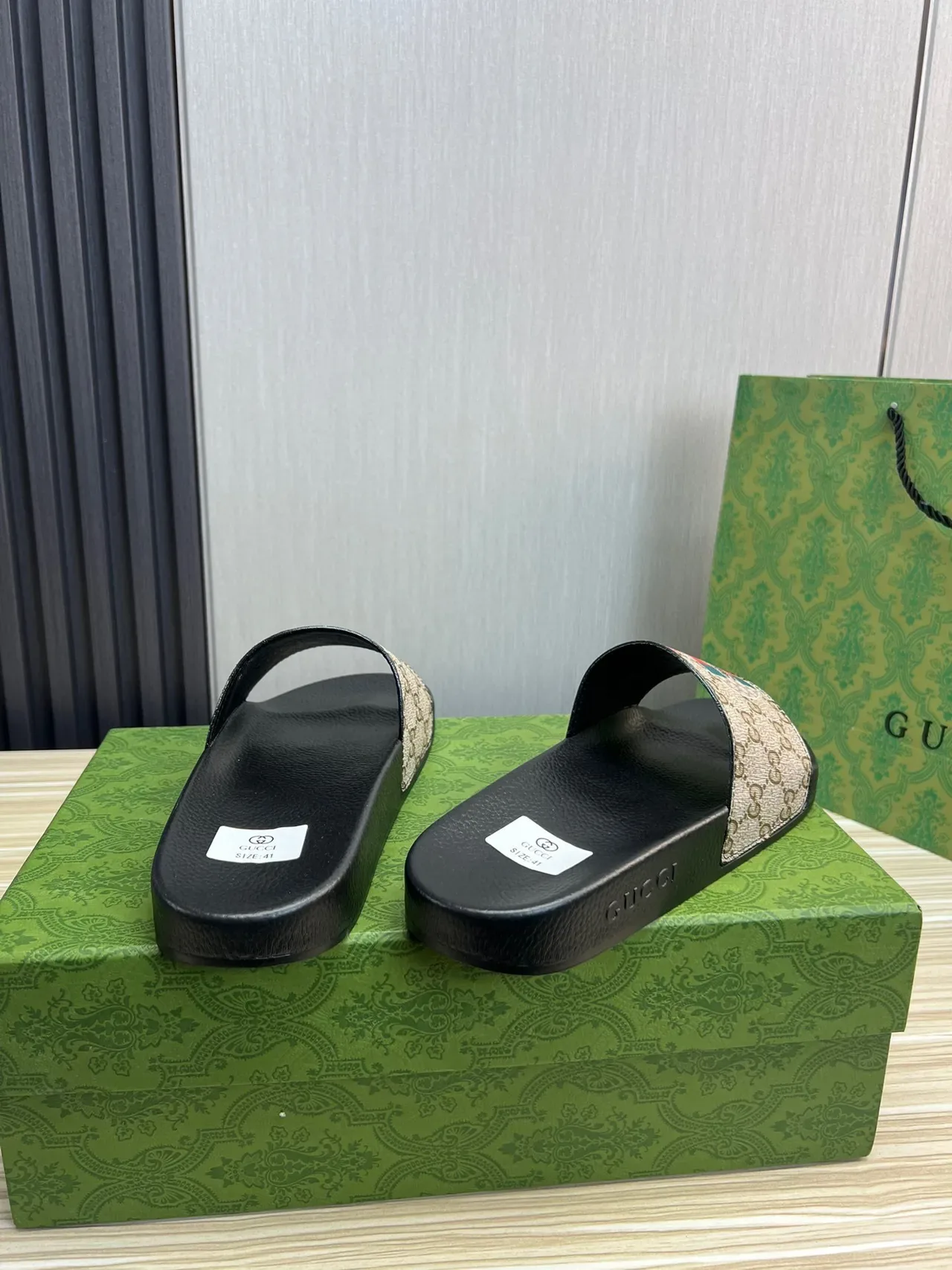 Gucci Slide Beige and Black GG Monogram Strap Slippers 7