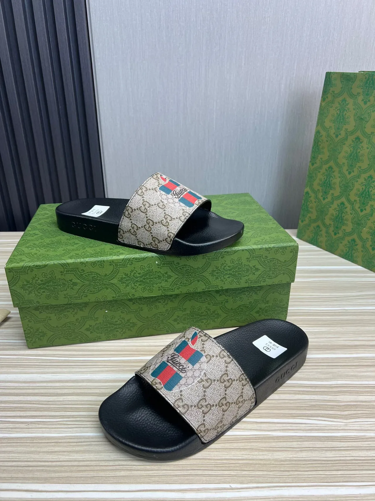 Gucci Slide Beige and Black GG Monogram Strap Slippers 8