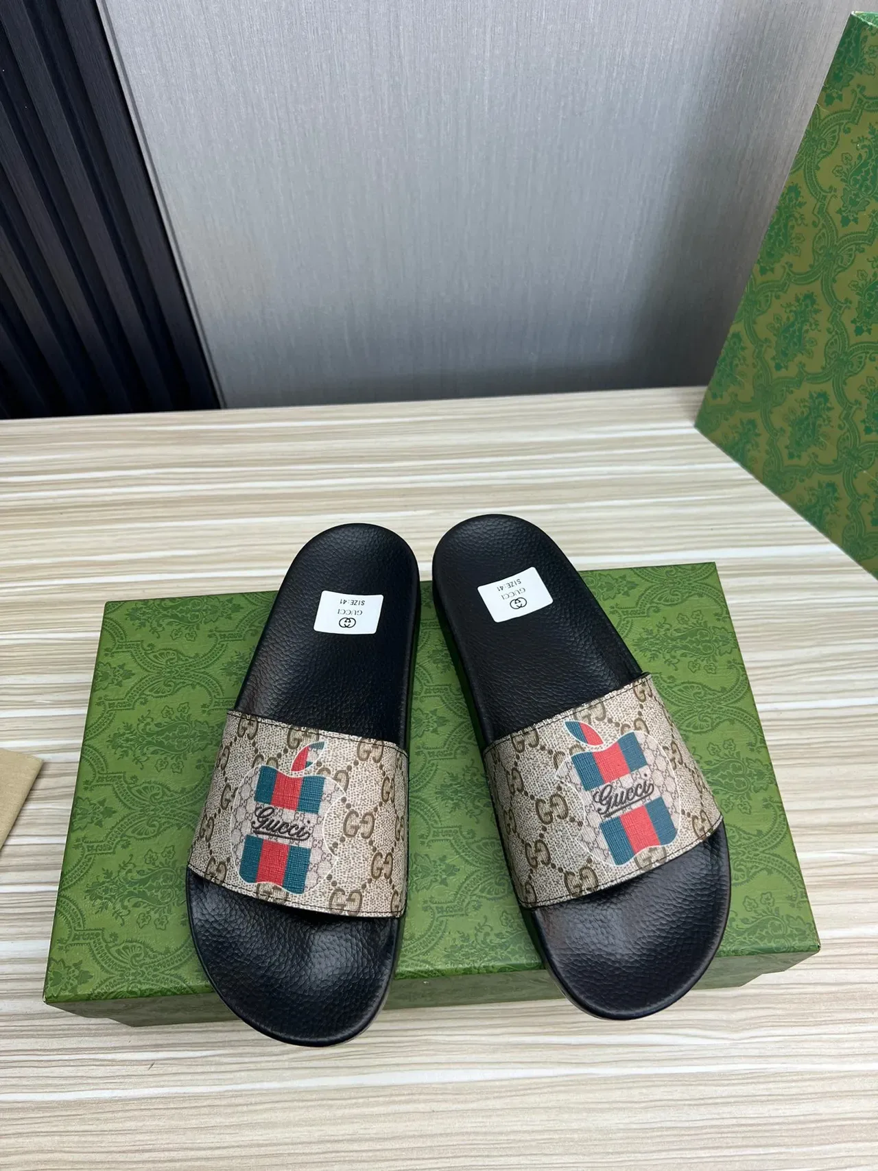 Gucci Slide Beige and Black GG Monogram Strap Slippers 9