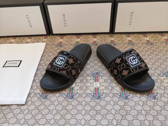 Gucci Slide Black Monogram Strap Slippers 2
