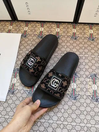 Gucci Slide Black Monogram Strap Slippers 3