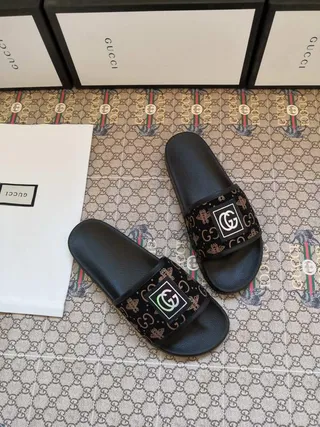Gucci Slide Black Monogram Strap Slippers 4