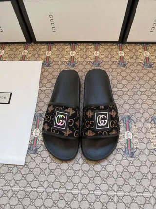 Gucci Slide Black Monogram Strap Slippers 5