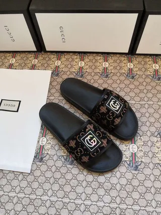 Gucci Slide Black Monogram Strap Slippers 6