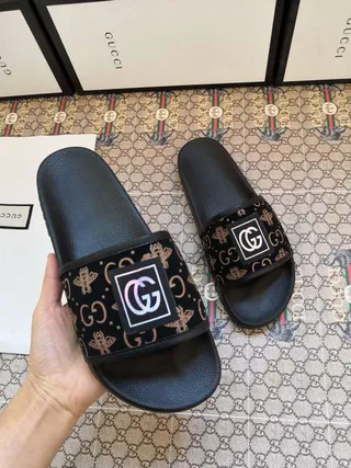 Gucci Slide Black Monogram Strap Slippers 8