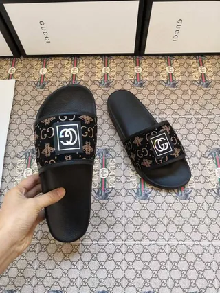 Gucci Slide Black Monogram Strap Slippers 9