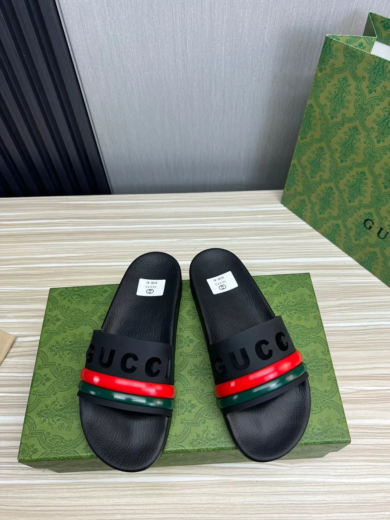 Gucci Slide Black Red Green Web Stripe Slippers 9
